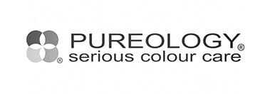Logo of Pureology with the tagline "serious colour care" in black and white.