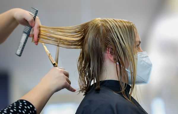 Hairdresser cutting wet hair of masked client in salon.